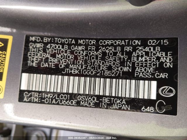 JTHBK1GG0F2185271 Lexus ES 350