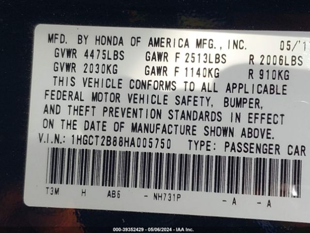 1HGCT2B88HA005750 Honda Accord Ex-l V6