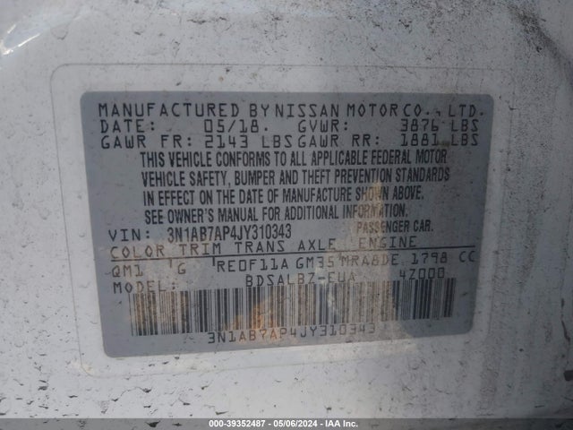 Nissan SENTRA S 2018 3N1AB7AP4JY310343 Image 9