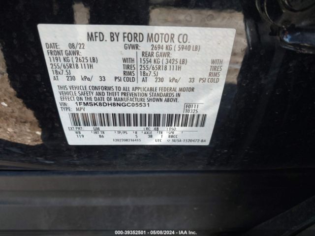 1FMSK8DH8NGC05531 Ford EXPLORER XLT