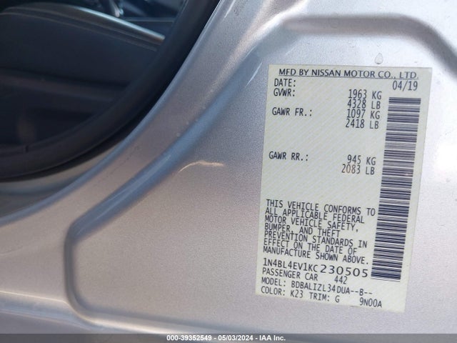 Nissan Altima 2.5 Sl 2019 1N4BL4EV1KC230505 Image 9