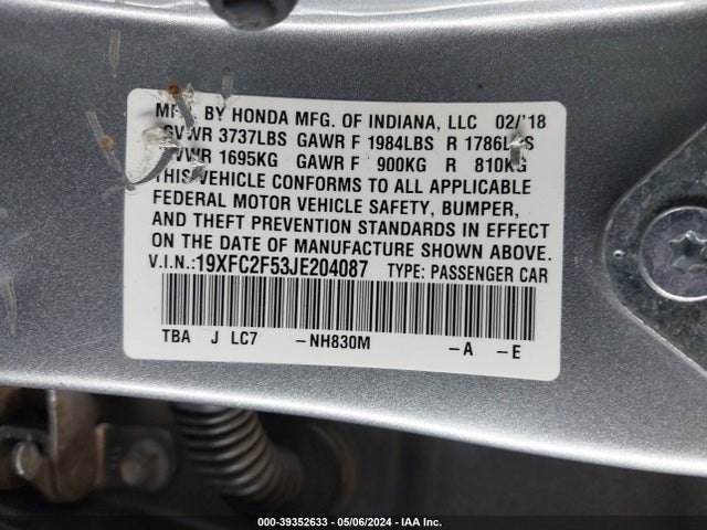 Honda Civic Lx 2018 19XFC2F53JE204087 Image 9