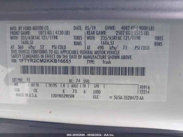 Ford Transit-250 2019 1FTYR2CM2KKB16651 Image 9