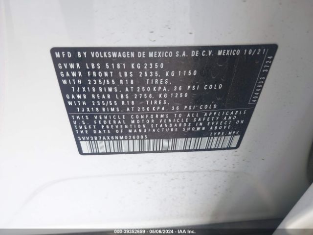 3VV3B7AX6NM026085 Volkswagen Tiguan 2.0t Se