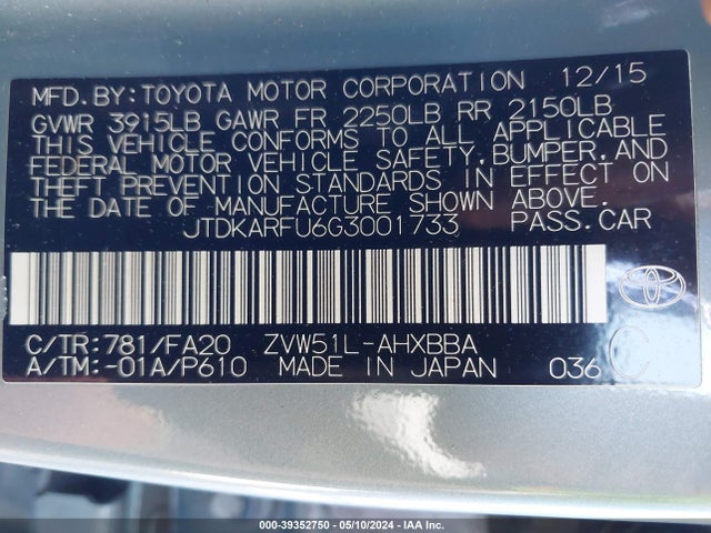Toyota Prius Two Eco 2016 JTDKARFU6G3001733 Image 9