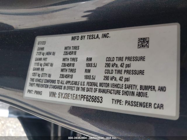 5YJ3E1EA1PF626853 Tesla Model 3 Rear-wheel Drive