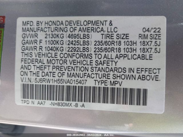 5J6RW1H55NA015407 Honda Cr-v 2wd Ex
