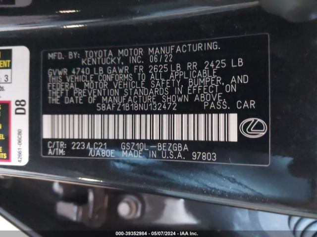 58AFZ1B18NU132472 Lexus Es 350 Ultra Luxury