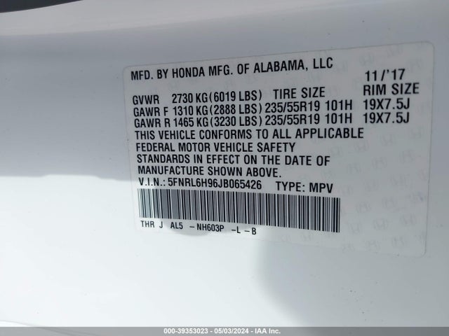 Honda Odyssey Elite 2018 5FNRL6H96JB065426 Image 9