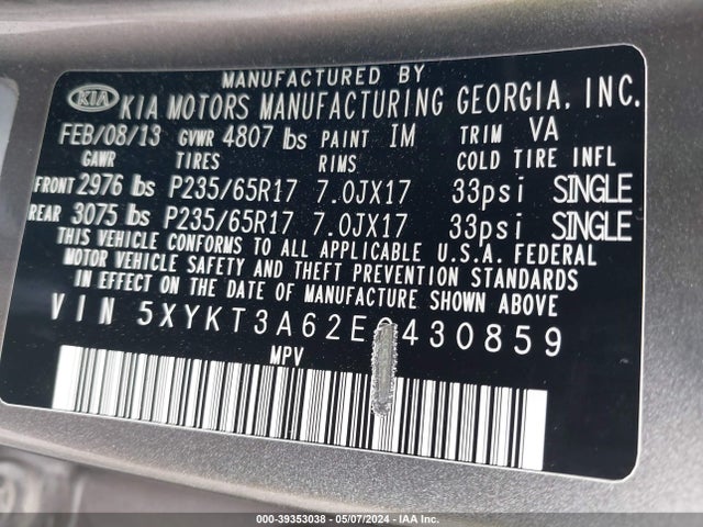 KIA SORENTO LX 2014 5XYKT3A62EG430859 Image 9