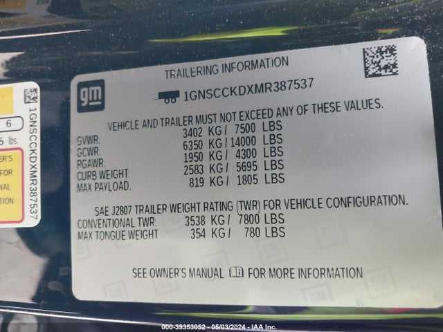 Chevrolet Suburban 2wd Lt 2021 1GNSCCKDXMR387537 Image 9