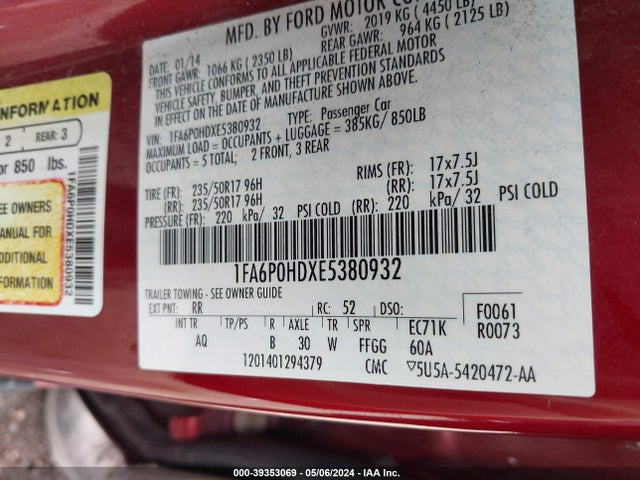 Ford FUSION SE 2014 1FA6P0HDXE5380932 Image 9