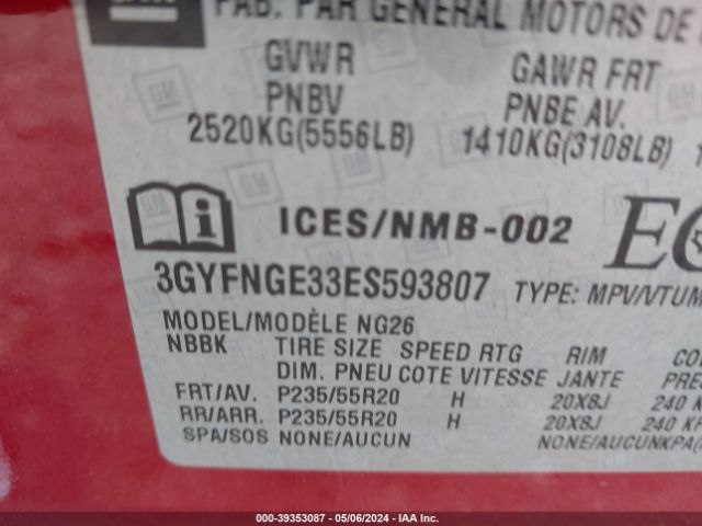 3GYFNGE33ES593807 Cadillac Srx Premium Collection