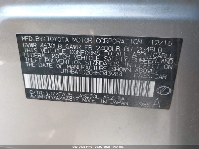 JTHBA1D20H5043984 Lexus IS 200T