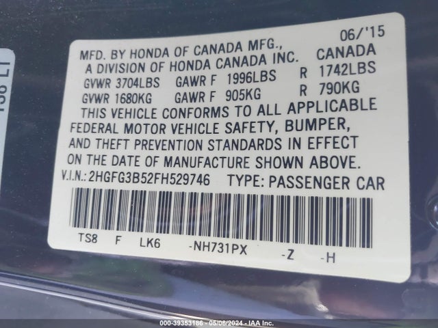 Honda Civic Lx 2015 2HGFG3B52FH529746 Image 9