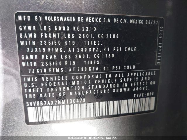 3VV8B7AX2NM130479 Volkswagen Tiguan 2.0t Se R-line Black