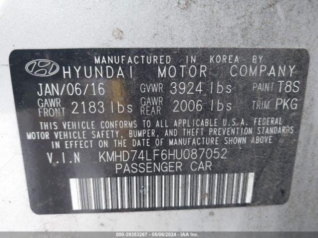 KMHD74LF6HU087052 Hyundai ELANTRA SE
