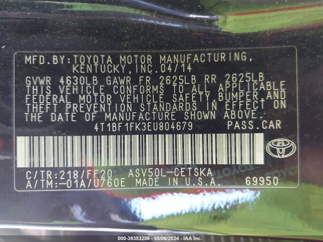 Toyota CAMRY SE 2014 4T1BF1FK3EU804679 Image 9