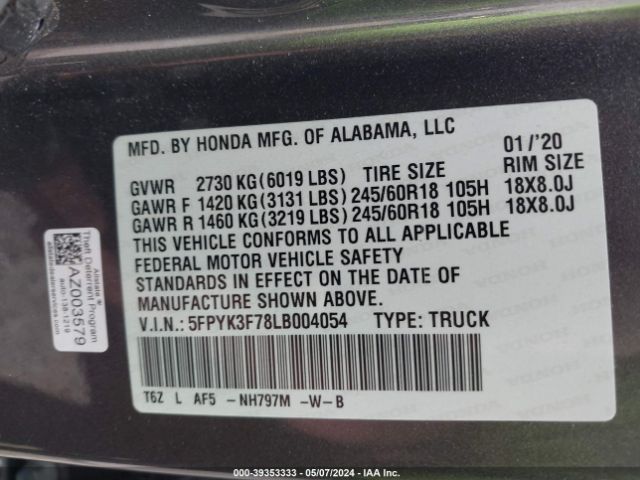 5FPYK3F78LB004054 Honda Ridgeline Rtl-e
