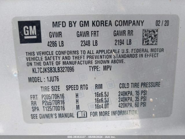 KL7CJKSB3LB327096 Chevrolet Trax Fwd Ls
