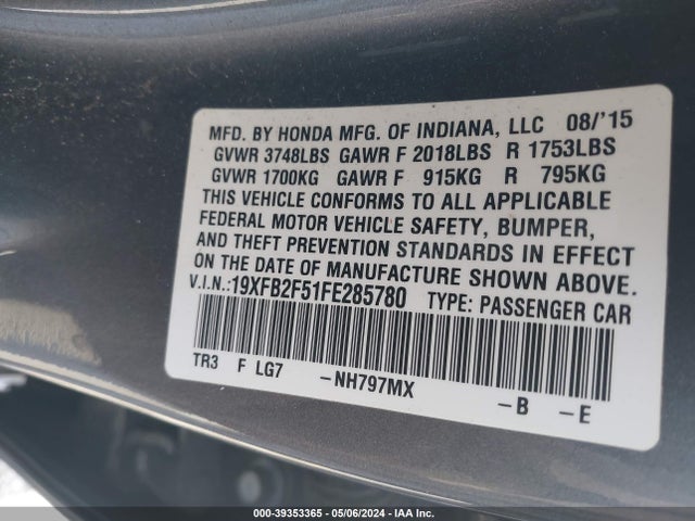 Honda Civic Lx 2015 19XFB2F51FE285780 Image 9