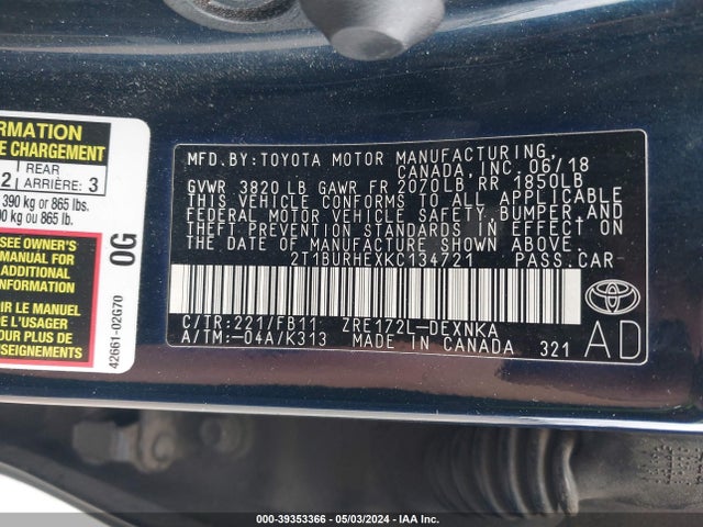 Toyota COROLLA LE 2019 2T1BURHEXKC134721 Image 9