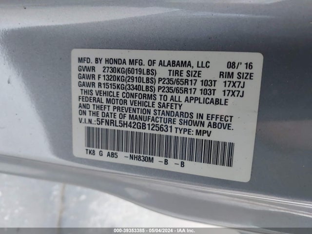 2016 HONDA ODYSSEY 5FNRL5H42GB125631 Photo 8
