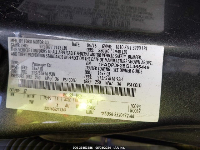 Ford FOCUS SE 2016 1FADP3F28GL365449 Image 9
