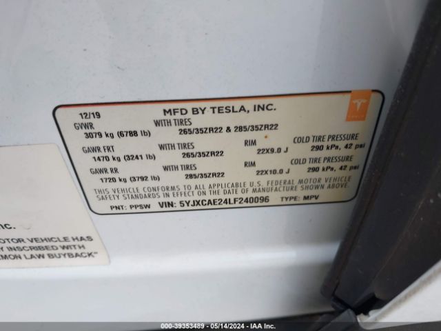 5YJXCAE24LF240096 Tesla Model X Long Range Dual Motor All-wheel Drive/long Range Plus Dual Motor All-wheel Drive