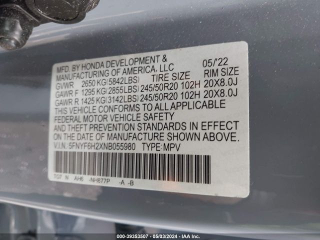 5FNYF6H2XNB055980 Honda Pilot Awd Special Edition