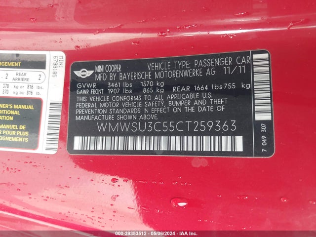 2012 MINI COOPER WMWSU3C55CT259363 Photo 8