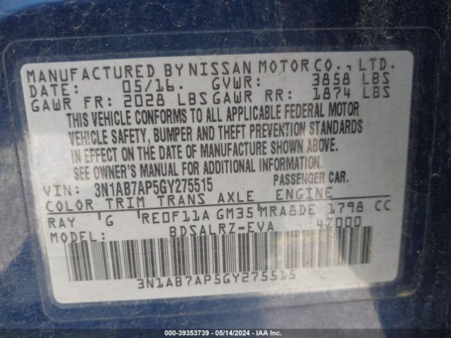 3N1AB7AP5GY275515 Nissan Sentra Fe+ S/s/sl/sr/sv