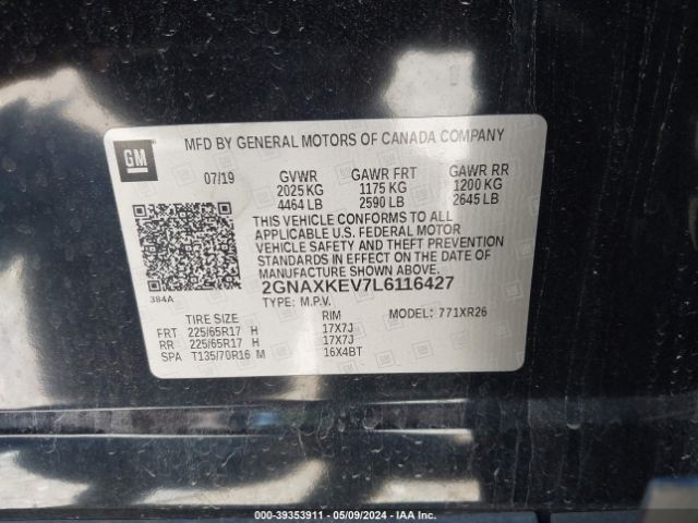 2GNAXKEV7L6116427 Chevrolet Equinox Fwd Lt 1.5l Turbo