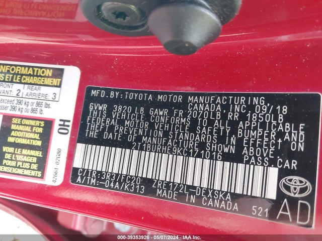Toyota COROLLA SE 2019 2T1BURHE9KC171016 Image 9