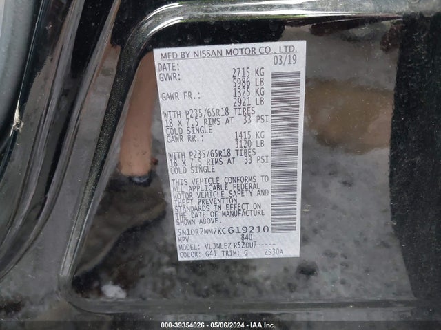 Nissan Pathfinder Sv 2019 5N1DR2MM7KC619210 Image 9