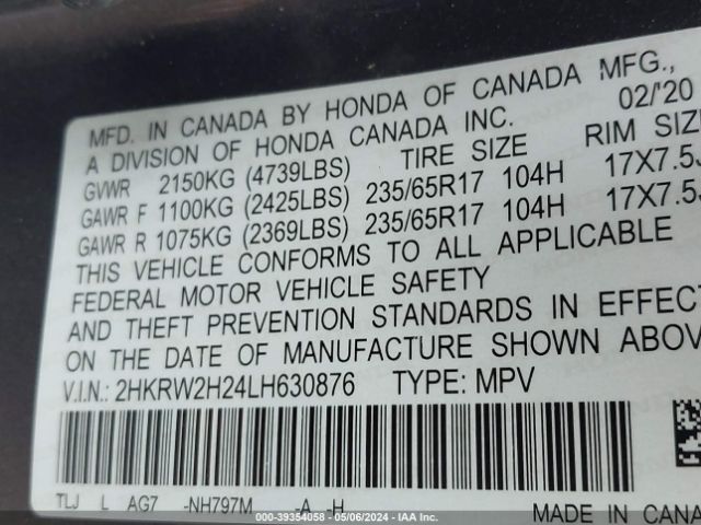 2HKRW2H24LH630876 Honda Cr-v Awd Lx
