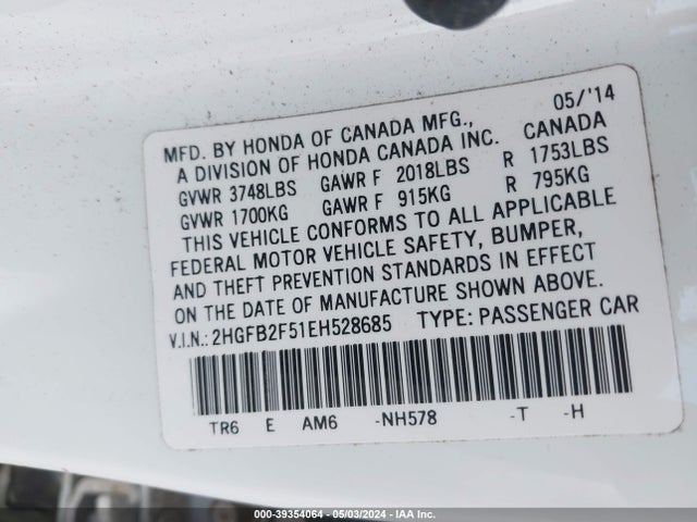 Honda Civic Lx 2014 2HGFB2F51EH528685 Image 9