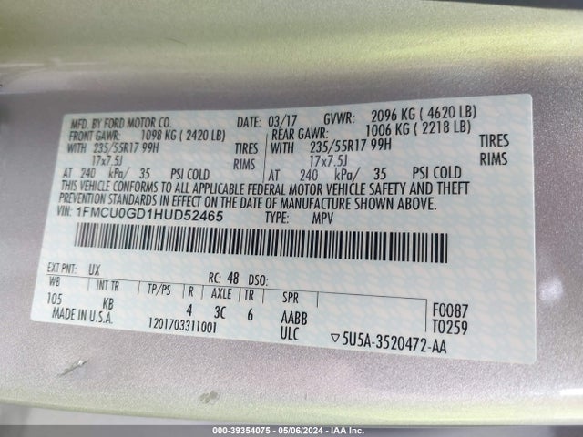 Ford ESCAPE SE 2017 1FMCU0GD1HUD52465 Image 9