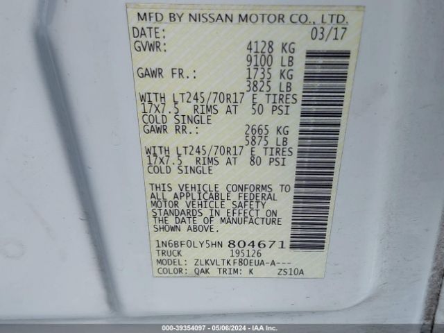 1N6BF0LY5HN804671 Nissan Nv Cargo Nv2500 Hd Sv V6