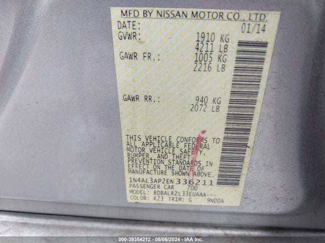 Nissan Altima 2.5/2.5 S/2.5 Sl/2.5 Sv 2014 1N4AL3AP2EN336211 Image 9