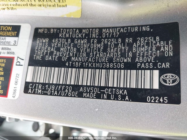 Toyota CAMRY SE 2017 4T1BF1FKXHU388506 Image 9