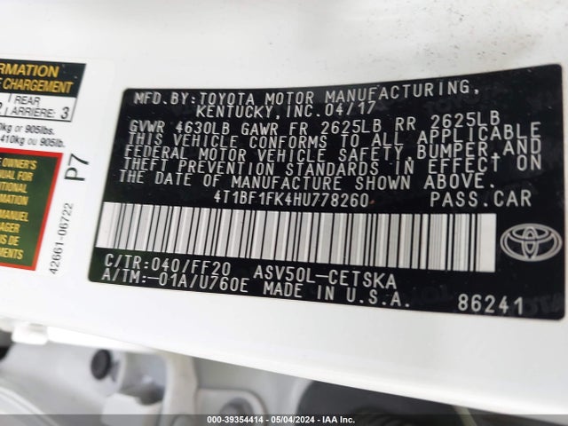 Toyota CAMRY SE 2017 4T1BF1FK4HU778260 Image 9