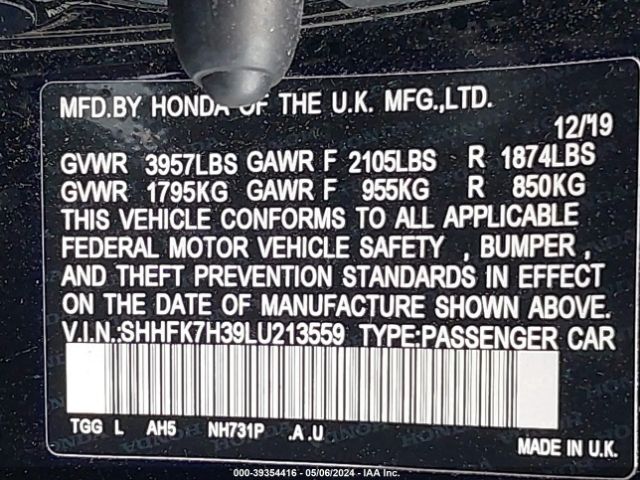 SHHFK7H39LU213559 Honda Civic Lx