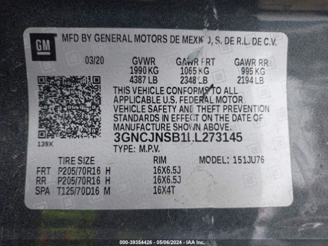 3GNCJNSB1LL273145 Chevrolet Trax Awd Ls