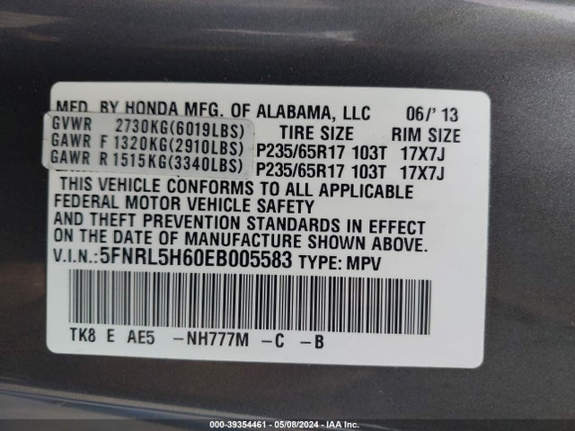 Honda Odyssey Ex-l 2014 5FNRL5H60EB005583 Image 9