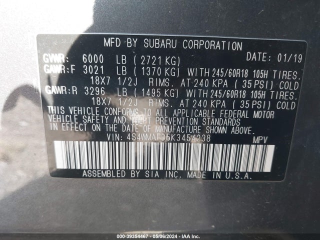 4S4WMAFD5K3454238 Subaru Ascent Premium
