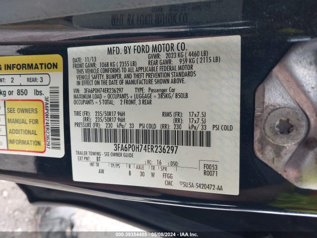 Ford FUSION SE 2014 3FA6P0H74ER236297 Image 9