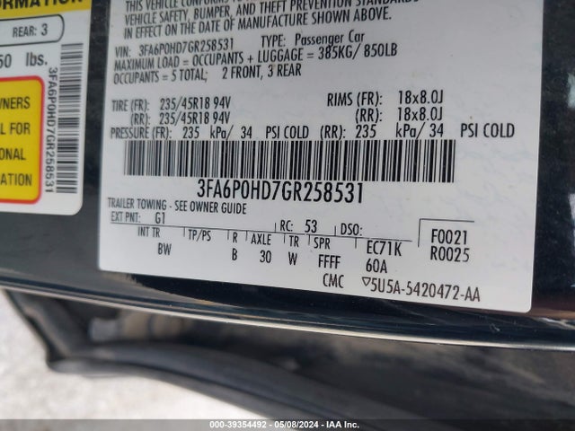 Ford FUSION SE 2016 3FA6P0HD7GR258531 Image 9
