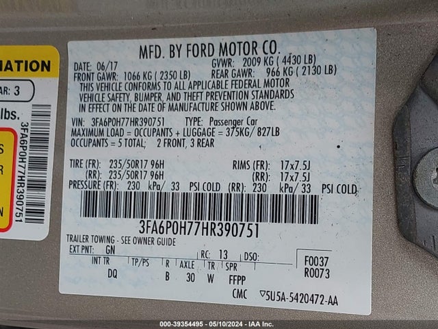 Ford FUSION SE 2017 3FA6P0H77HR390751 Image 9