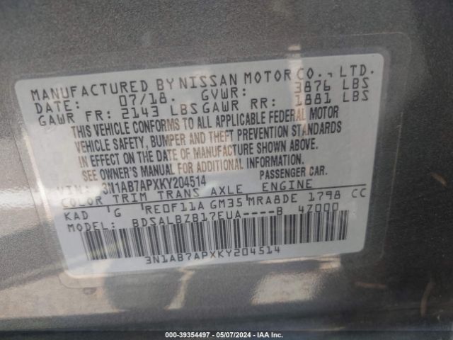 3N1AB7APXKY204514 Nissan SENTRA S
